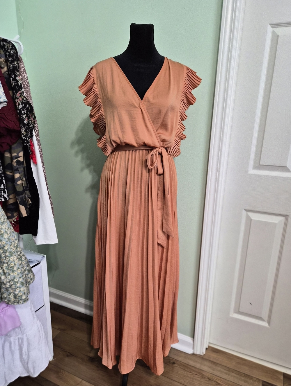 Versona Rust Wrap Maxi Dress with Pleated Ruffle Sleeves